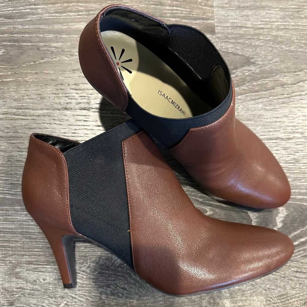 Isaac Mizrahi Live Brown Leather Viviana Bootie Elastic Stretch Pull On Sz: 10M